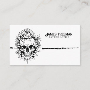 Dark Skull with Roses Black & White Tattoo Artist Business Card