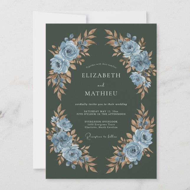 Dark Slate Blue Botanical Watercolor Wedding Invitation (Front)