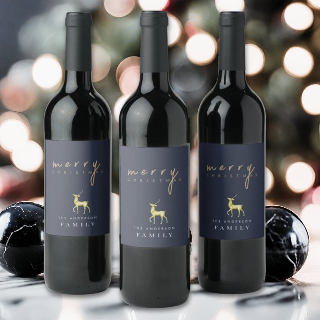 Dark Slate Blue Minimalist Reindeer Christmas Wine Label (Creator Uploaded)