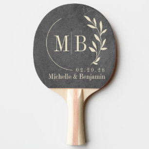 Dark Slate Stone Leaf Wedding Monogram Ping Pong Paddle