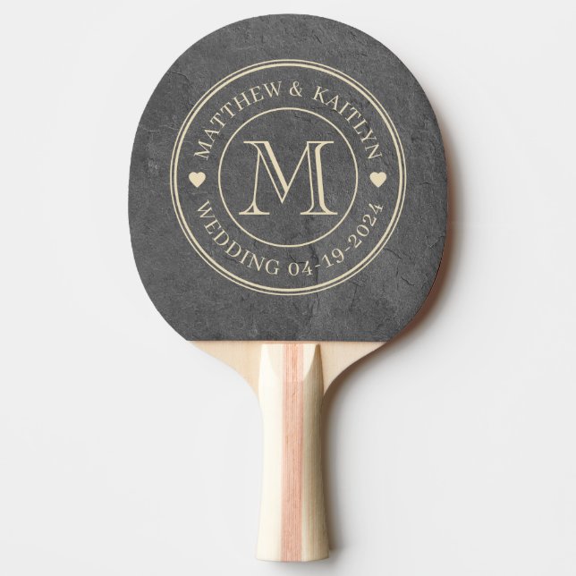 Dark Slate Stone Wedding Monogram Heart Ping Pong Paddle (Front)
