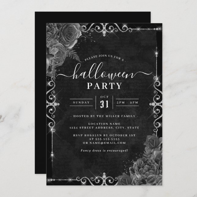 Dark Spooky Floral Rose Halloween Party  Invitation (Front/Back)