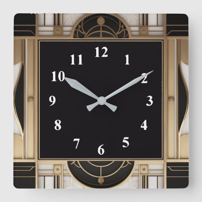 Dark Square Art Deco Clock in Black White and Gold (Front)