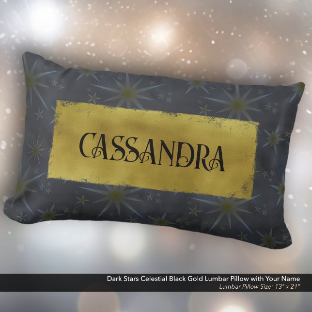 Dark Stars Celestial Black Gold Name Lumbar Cushion (Dark Stars Celestial Black and Gold Lumbar Pillow Personalized with Your Name.)