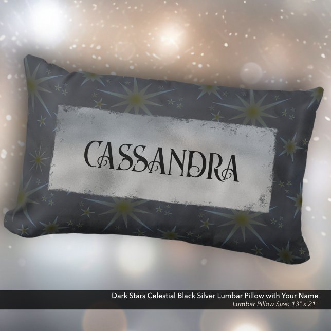 Dark Stars Celestial Black Silver Name Lumbar Cushion (Dark Stars Celestial Black and Silver Lumbar Pillow Personalized with Your Name.)