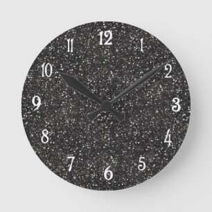 Dark Stylish Silver Grey Glitter Round Clock