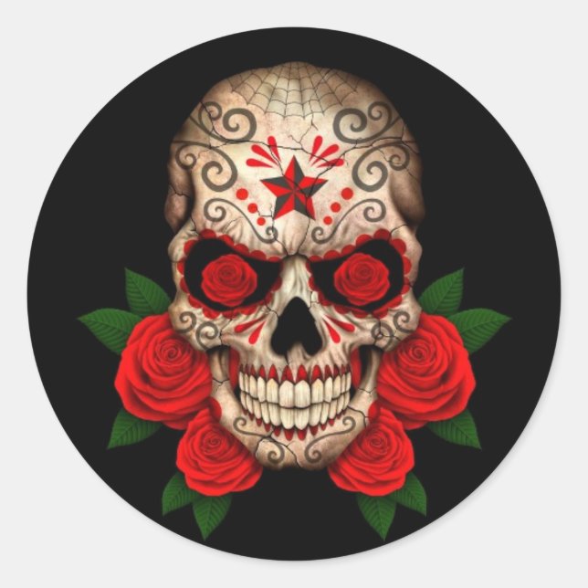 Dark Sugar Skull with Red Roses Classic Round Sticker (Front)