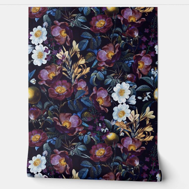 Dark Summer Garden - Vintage Redouté Cottage Roses Wallpaper (Unrolling)