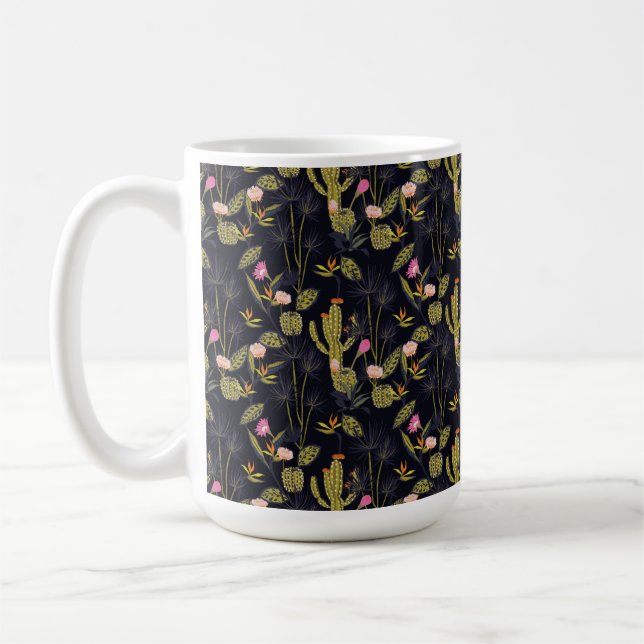 Dark Summer Night Cactus Pattern Coffee Mug (Left)