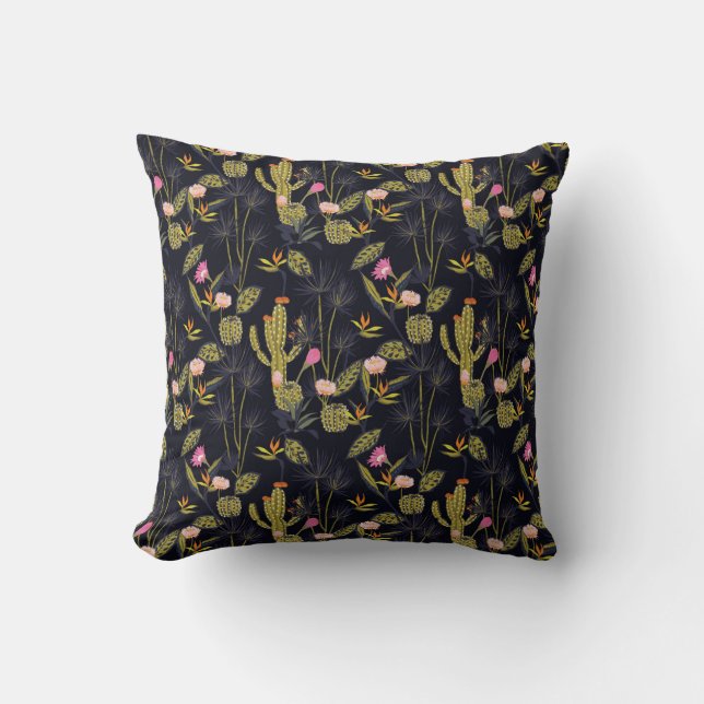 Dark Summer Night Cactus Pattern Cushion (Front)