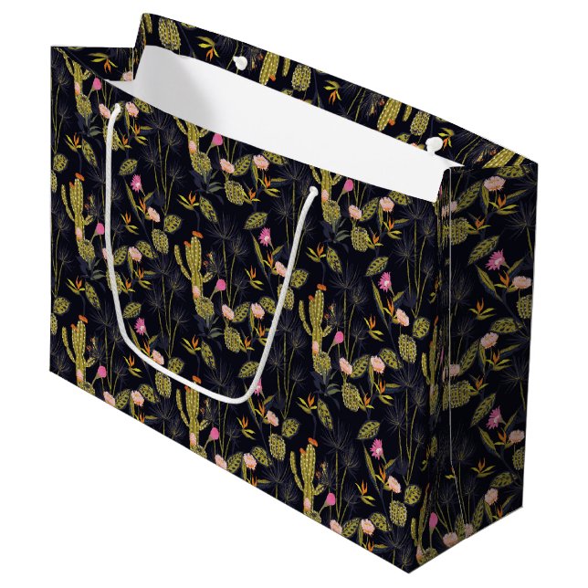 Dark Summer Night Cactus Pattern Large Gift Bag (Front Angled)