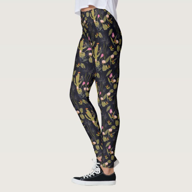 Dark Summer Night Cactus Pattern Leggings (Left)