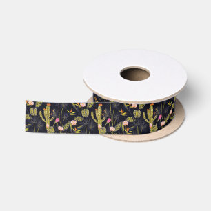 Dark Summer Night Cactus Pattern Satin Ribbon