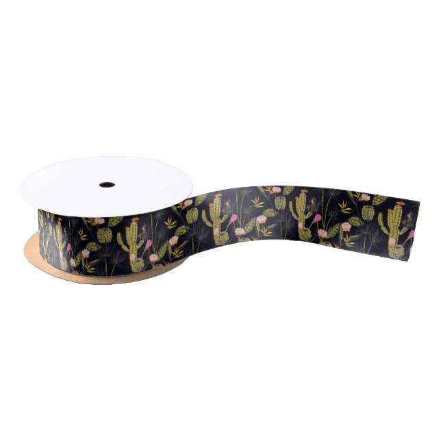 Dark Summer Night Cactus Pattern Satin Ribbon (Spool)