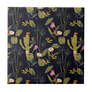 Dark Summer Night Cactus Pattern Tile