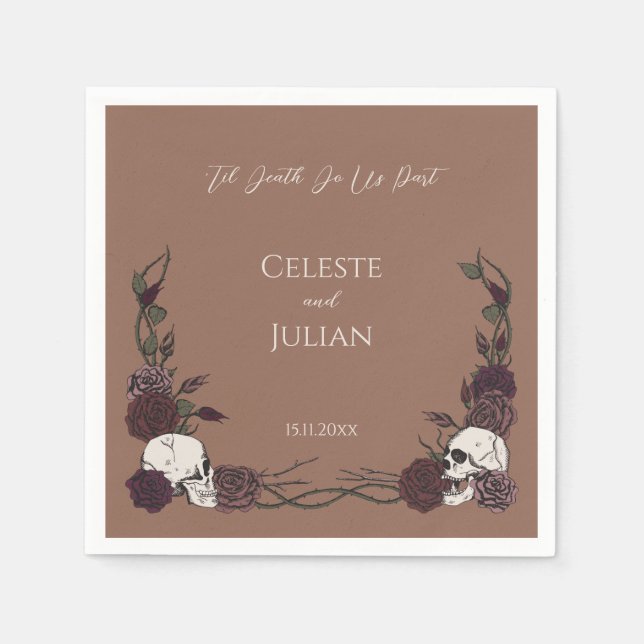 Dark Tan Brown Til Death Skulls & Roses Wedding Napkin (Front)