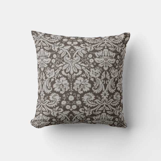 Dark Taupe, Brown Damask Pattern Cushion (Front)