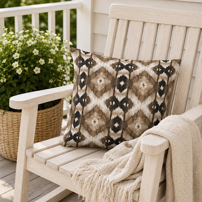 Dark Taupe Brown White Ikat Tribal Art Pattern Cushion (Creator Uploaded)