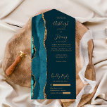 Dark Teal Agate Gold Glitter Wedding All In One Invitation<br><div class="desc">The left-hand edge of this elegant modern all-in-one wedding invitation and RSVP features a teal blue watercolor agate border trimmed with faux gold glitter. The customisable text combines gold-coloured whimsical handwriting script, copperplate and italic fonts on a dark teal blue background. The return address appears on the outside flap and...</div>