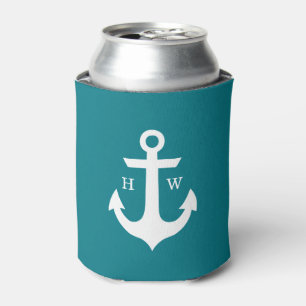 Dark Teal Anchor Monogram Can Cooler