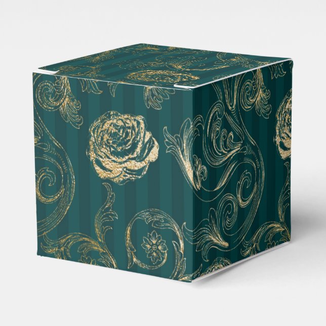 Dark Teal and Gold Floral Damask Favour Box (Front Side)