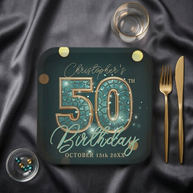 Dark Teal and Gold Mosaic 50th Birthday Party Paper Plate (Creator Uploaded)
