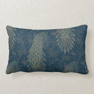Dark Teal and Gold Victorian style Peacocks Lumbar Cushion