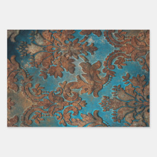 Dark Teal and Rust Damask Wrapping Paper Sheet