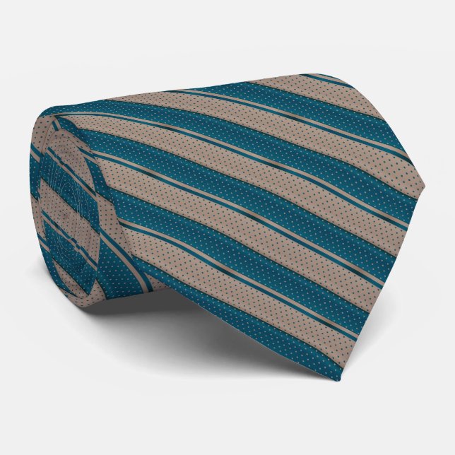 Dark Teal and Tan Polka Dot Stripes Tie (Rolled)