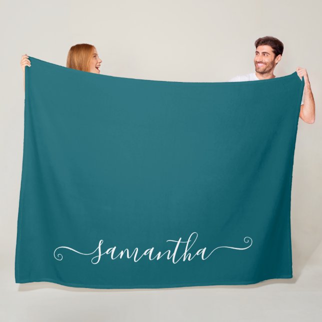 Dark Teal and White Cute Signature Name Fleece Blanket (In Situ)