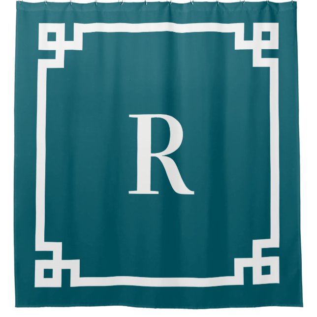 Dark Teal and White Greek Key Simple Monogram Shower Curtain (Front)