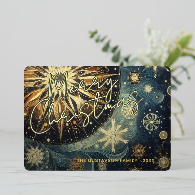 Dark Teal Blue Abstract Snowflake Floral Art Gold (Standing Front)