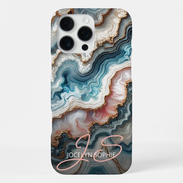 Dark Teal Blue Blush Pink Gold Marble Art Pattern iPhone Case (Back)