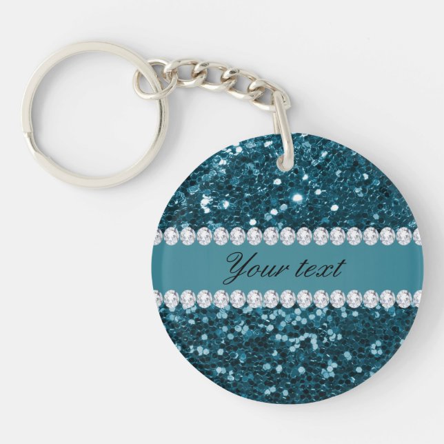 Dark Teal Blue Faux Glitter and Diamonds Key Ring (Front)