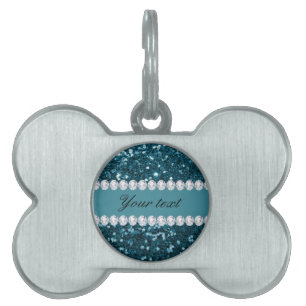 Dark Teal Blue Faux Glitter and Diamonds Pet Tag