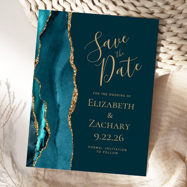 Dark Teal Blue Gold Agate Wedding Save the Date Announcement Postcard (Creator Uploaded)
