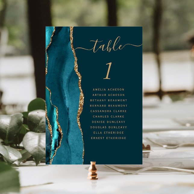 Dark Teal Blue Gold Agate Wedding Table Number (Creator Uploaded)