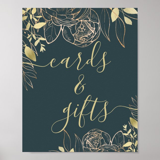 Dark Teal Blue & Gold Modern Floral Cards & Gifts Poster (Front)