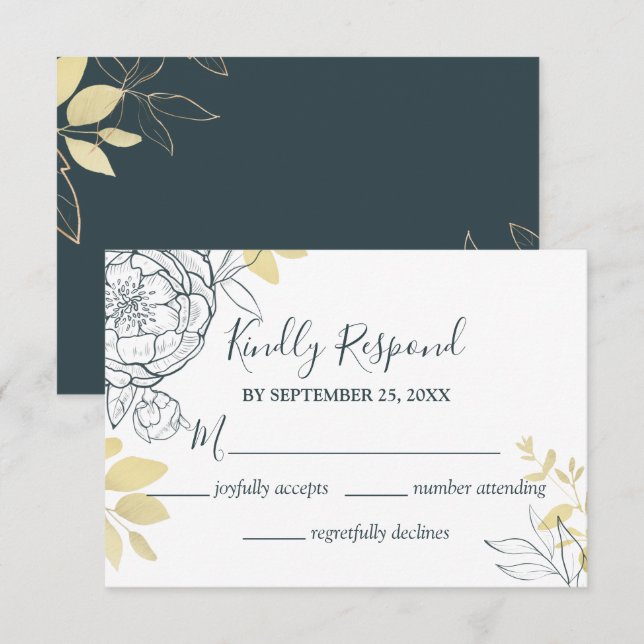 Dark Teal Blue & Gold Peony Floral Wedding RSVP Card (Front/Back)