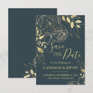 Dark Teal Blue & Gold Peony Modern Floral Wedding Save The Date