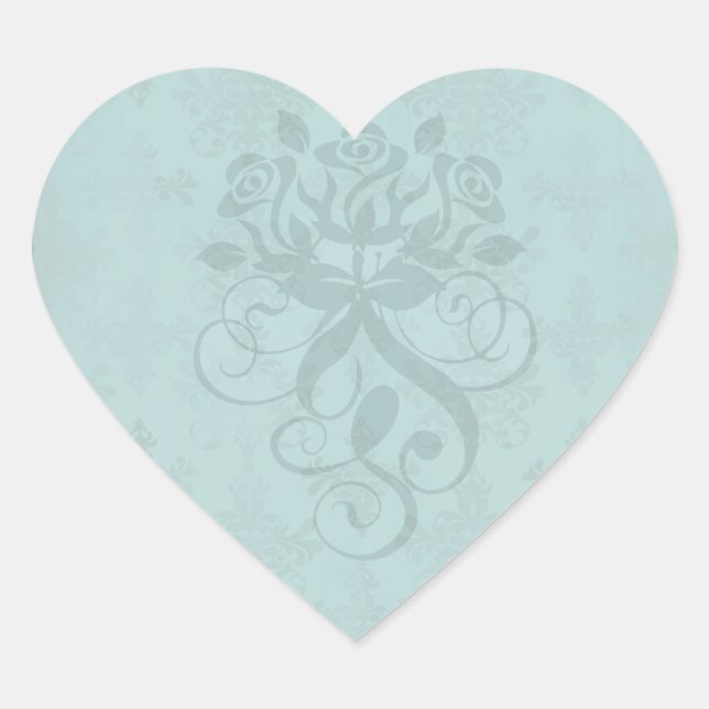 dark teal blue green distressed damask heart sticker (Front)