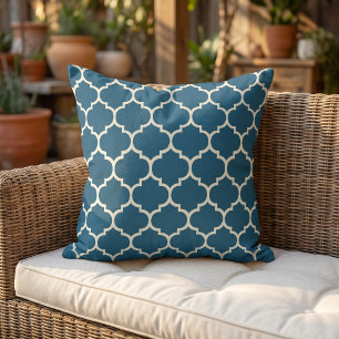 Dark Teal Blue Green Ivory Quatrefoil Trellis Cushion