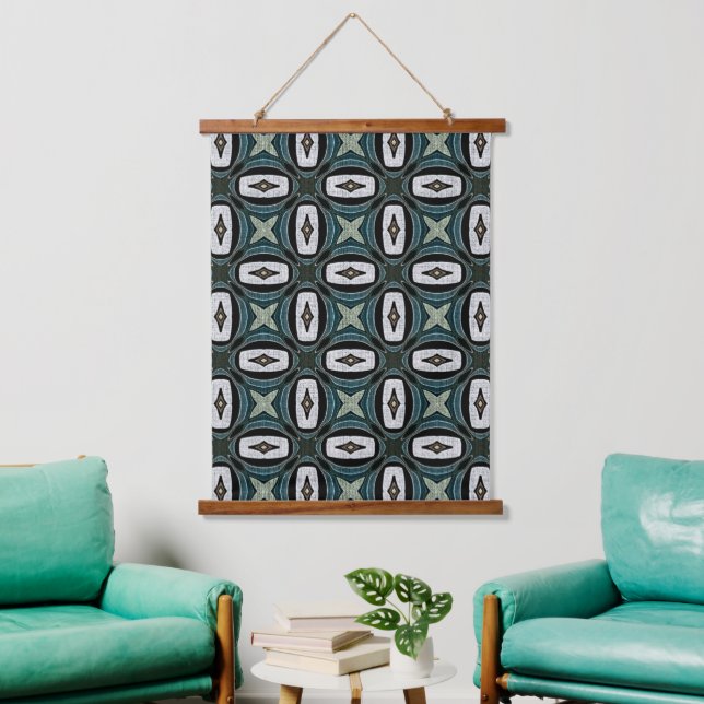Dark Teal Blue Grey Green White Tribal Art Hanging Tapestry (Living Room)