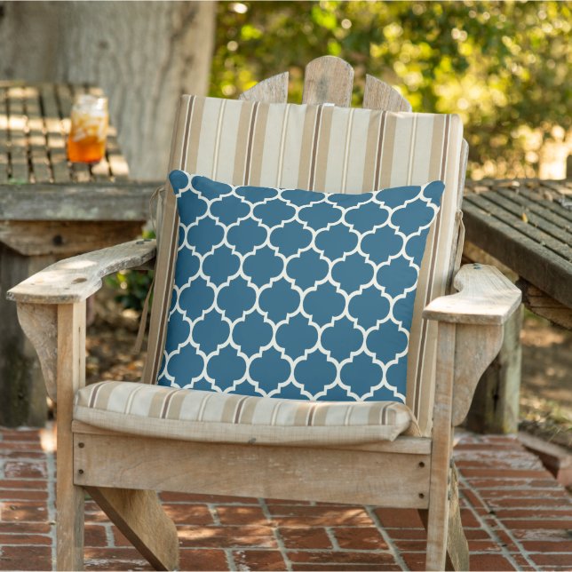Dark Teal Blue Ivory Quatrefoil Trellis Pattern Cushion (Chair)