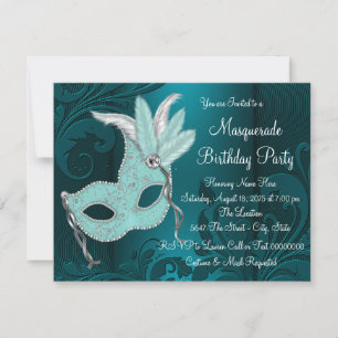 Dark Teal Blue Masquerade Party Invitation