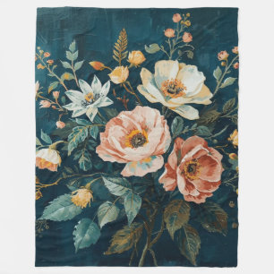 Dark Teal Blue Orange Vintage Cottagecore Floral Fleece Blanket