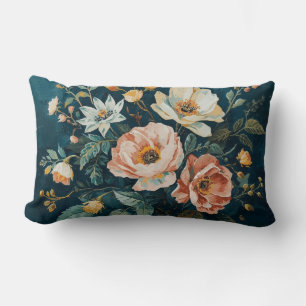 Dark Teal Blue Orange Vintage Cottagecore Floral Lumbar Cushion