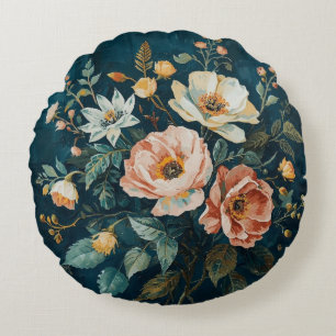Dark Teal Blue Orange Vintage Cottagecore Floral Round Cushion