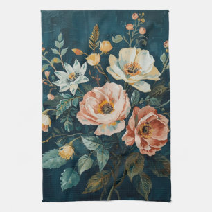 Dark Teal Blue Orange Vintage Cottagecore Floral Tea Towel