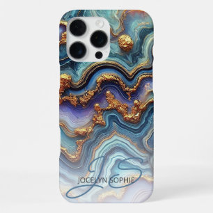 Dark Teal Blue Purple Gold Marble Art Pattern iPhone 16 Pro Max Case